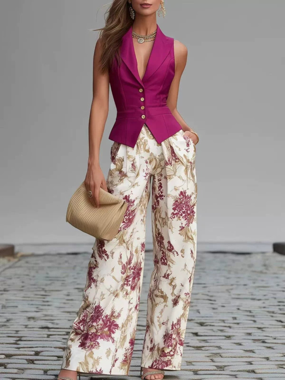 Womens Purple Red Sleeveless Vest Printed Wide Leg Pants Two Piece Set
